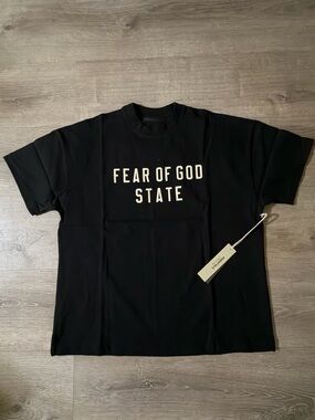 Fear of God Black Tee with Cream 'FEAR OF GOD STATE' Logo